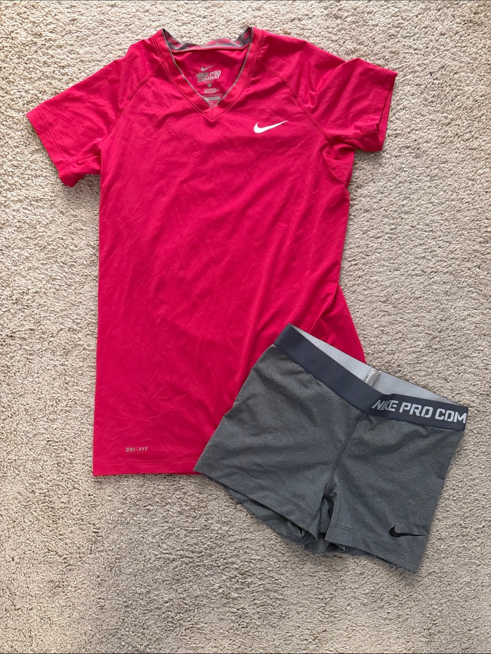 Nike Women's Athletic Shorts in Charcoal Gray and Fitted Top in Pink